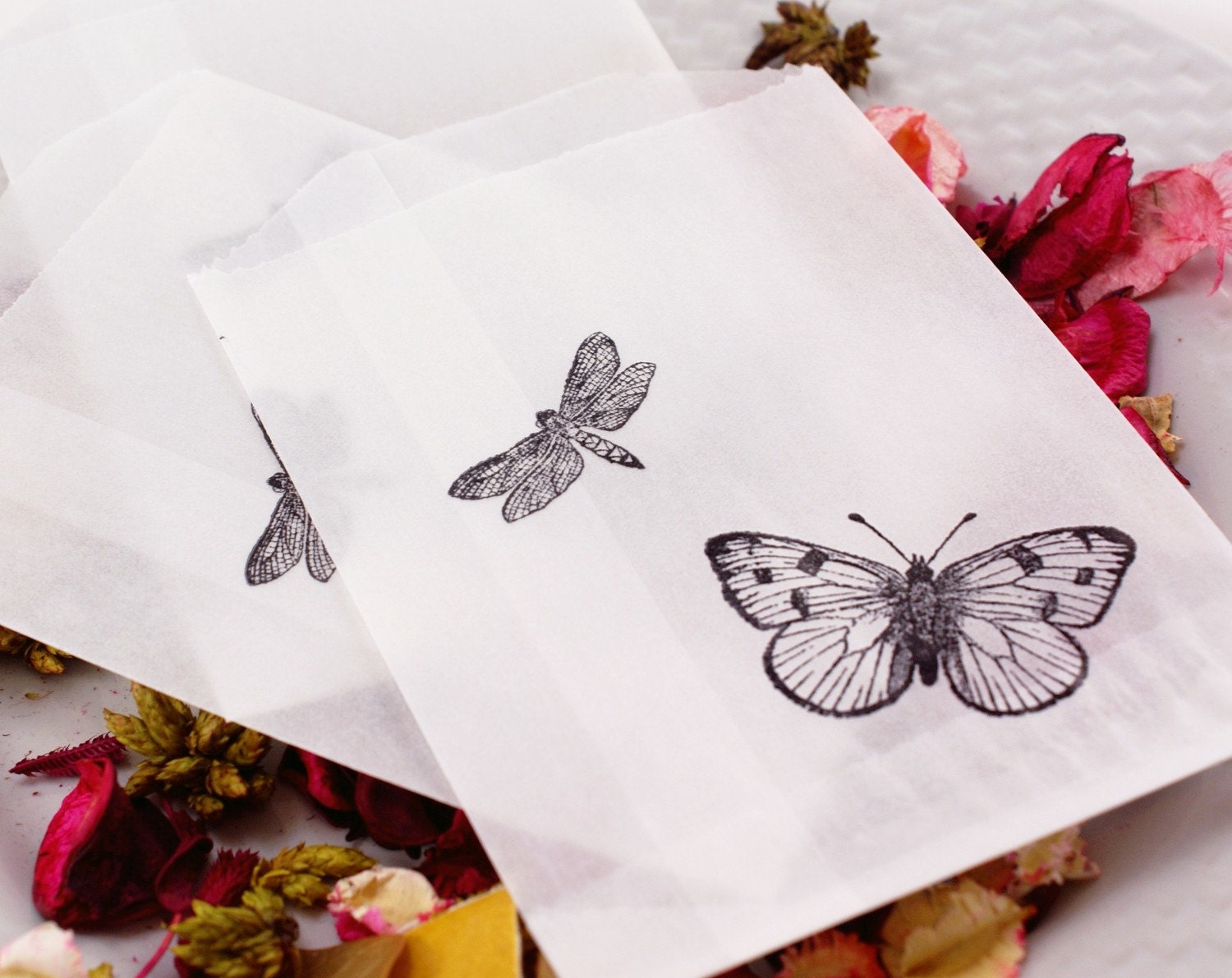 set of 100 BuTTERFLY & DRAGONFLY Hand Stamped Semi-transparent FOOD SAFE Wax Paper Glassine Bags - 3.75 x 5