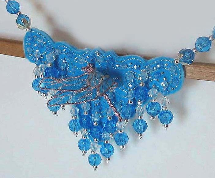OOAK Sky Blue Necklace with Hand-Guided Machine Embroidered Holographic Dragonfly RAIN DROPS
