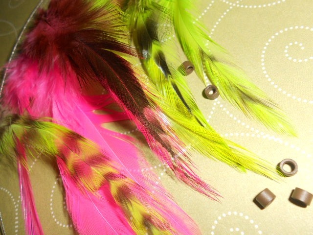 Feather hair extensions set of 8 feathers hot pink, and lime green with crimp beads and looping wire(set number 89)
