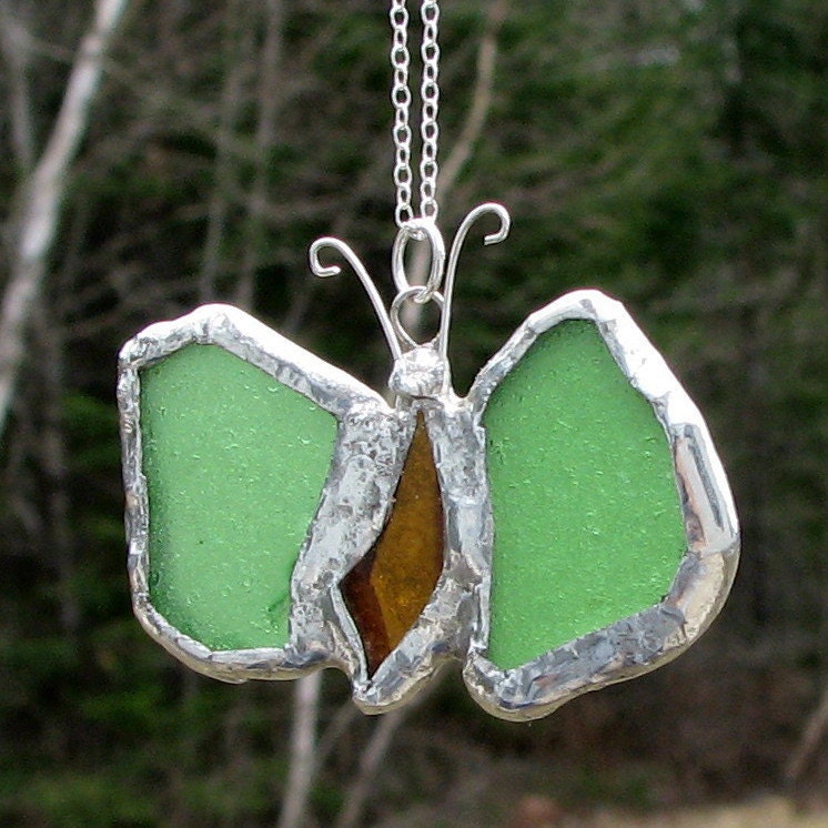 Genuine Sea Glass Stained Glass Look Butterfly Necklace