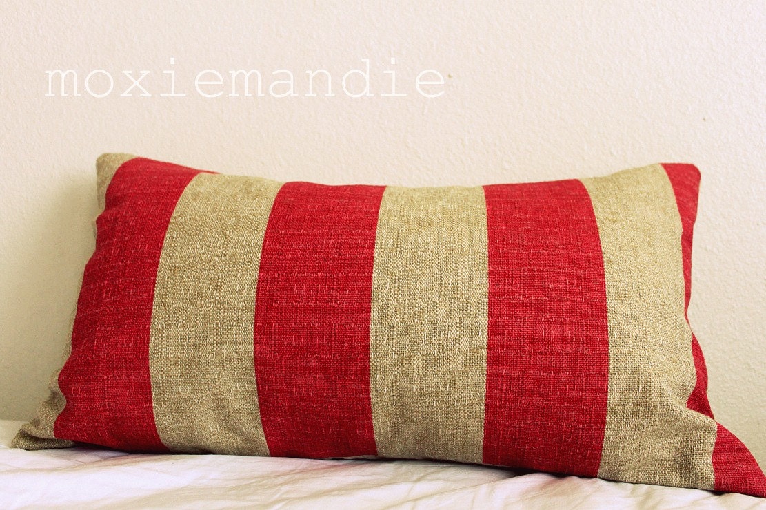 Khaki and Red Striped Pillow Cover