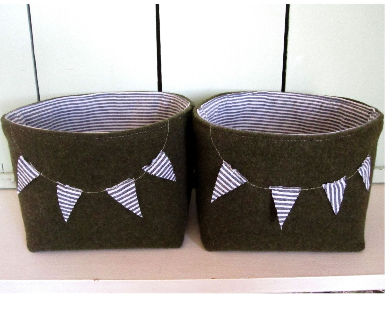 Custom Listing For emilytravis Set of Two Fabric bins with Bunting Made from Grey Organic Cotton Canvas