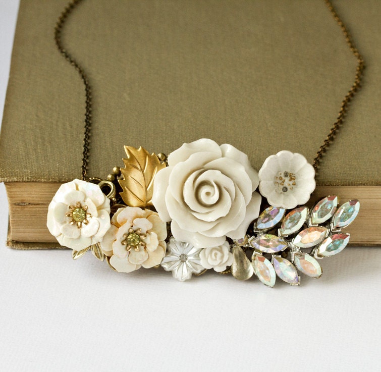 Dreaming In White Vintage Collage Necklace