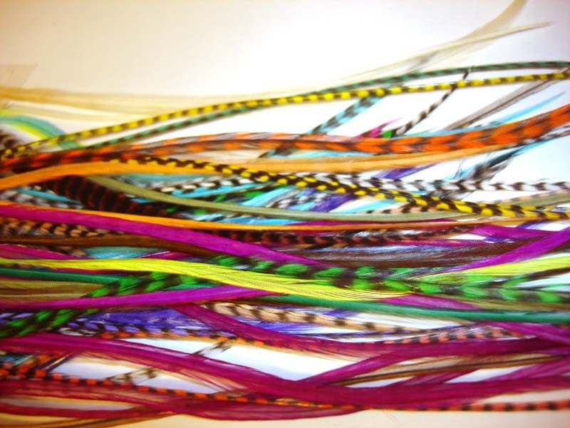 7 BRIGHT Hair Feathers: a random mix of grizzly and bright feathers with 5 crimp beads in your color choices