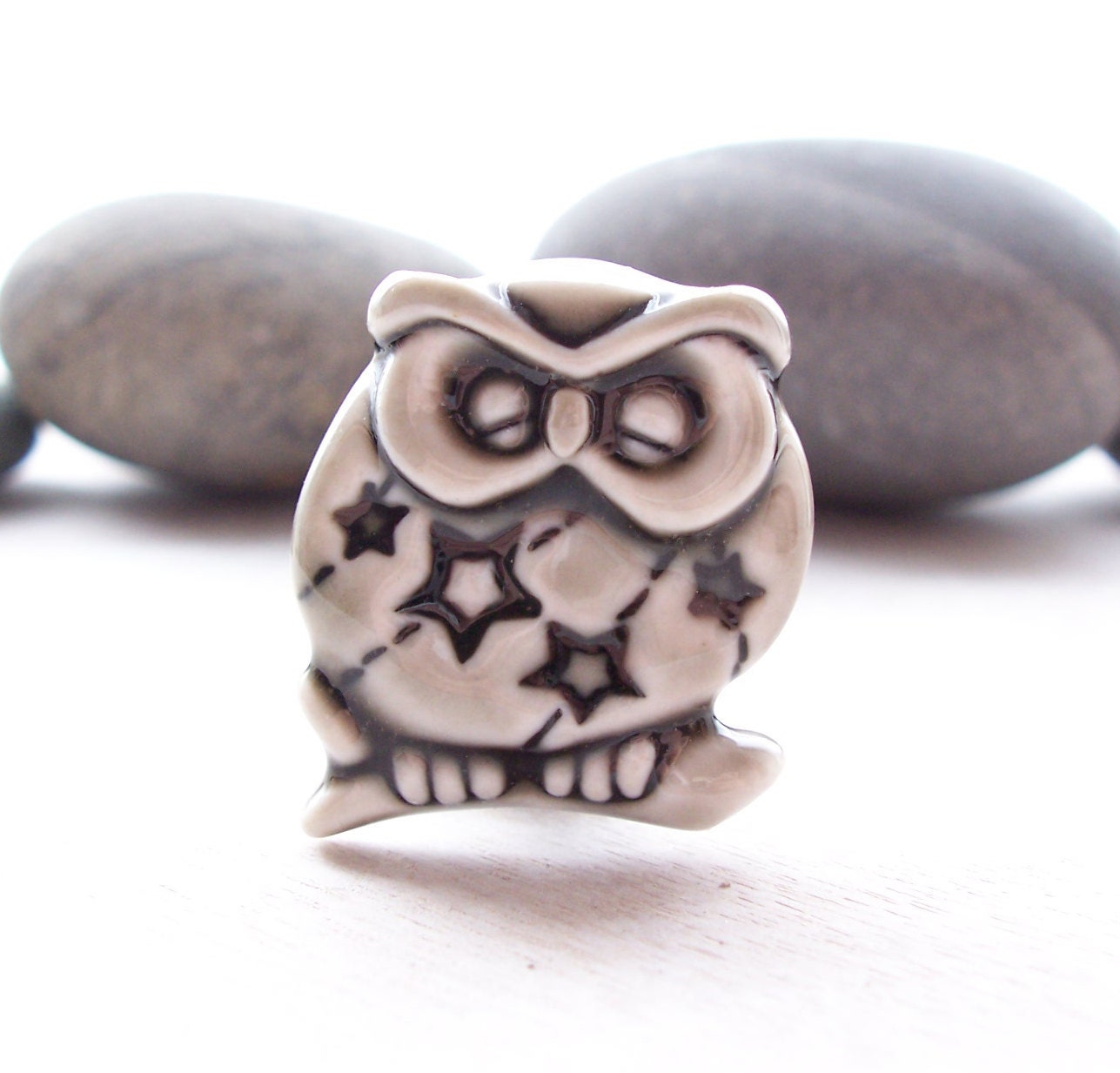 Brooch Porcelain Sleeping Owl Glazed Warm Grey