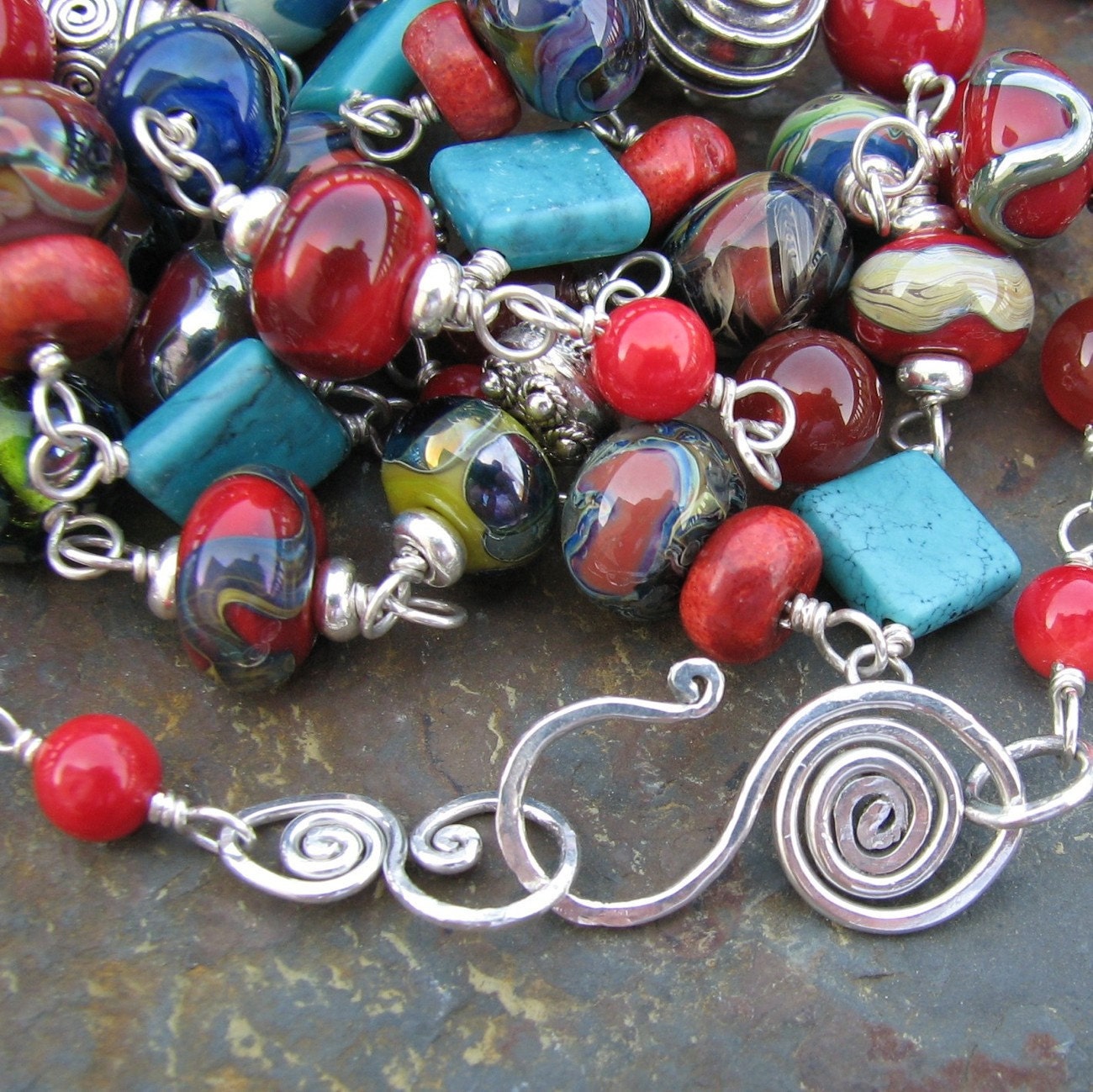 Liberty artisan lampwork wirewrapped with turquoise and sterling silver long necklace