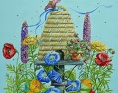 Original Painting Bee Skep and Flowers