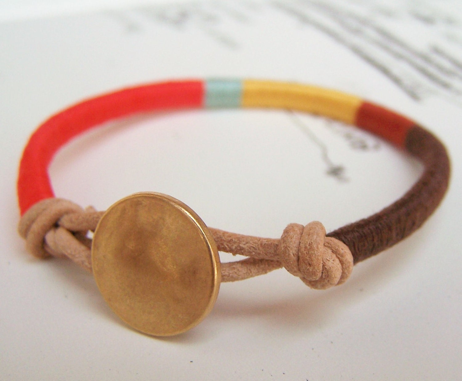 COOPER bracelet - textile, leather, button closure (chocolate rust goldenrod seafoam persimmon), handmade jewelry
