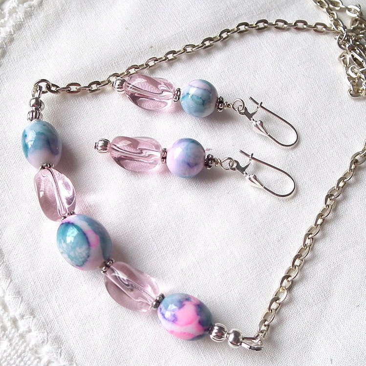 Necklace Earrings Set Pink and Blue Repurposed Beads