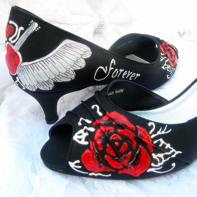 Wedding Shoes Metal is Forever Rock and Roll painted black Peep toes