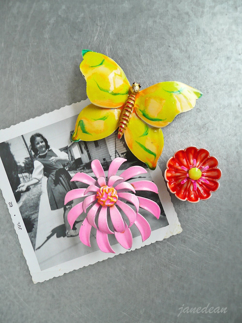 3 Butterfly Flower Magnets- upcycled vintage jewelry