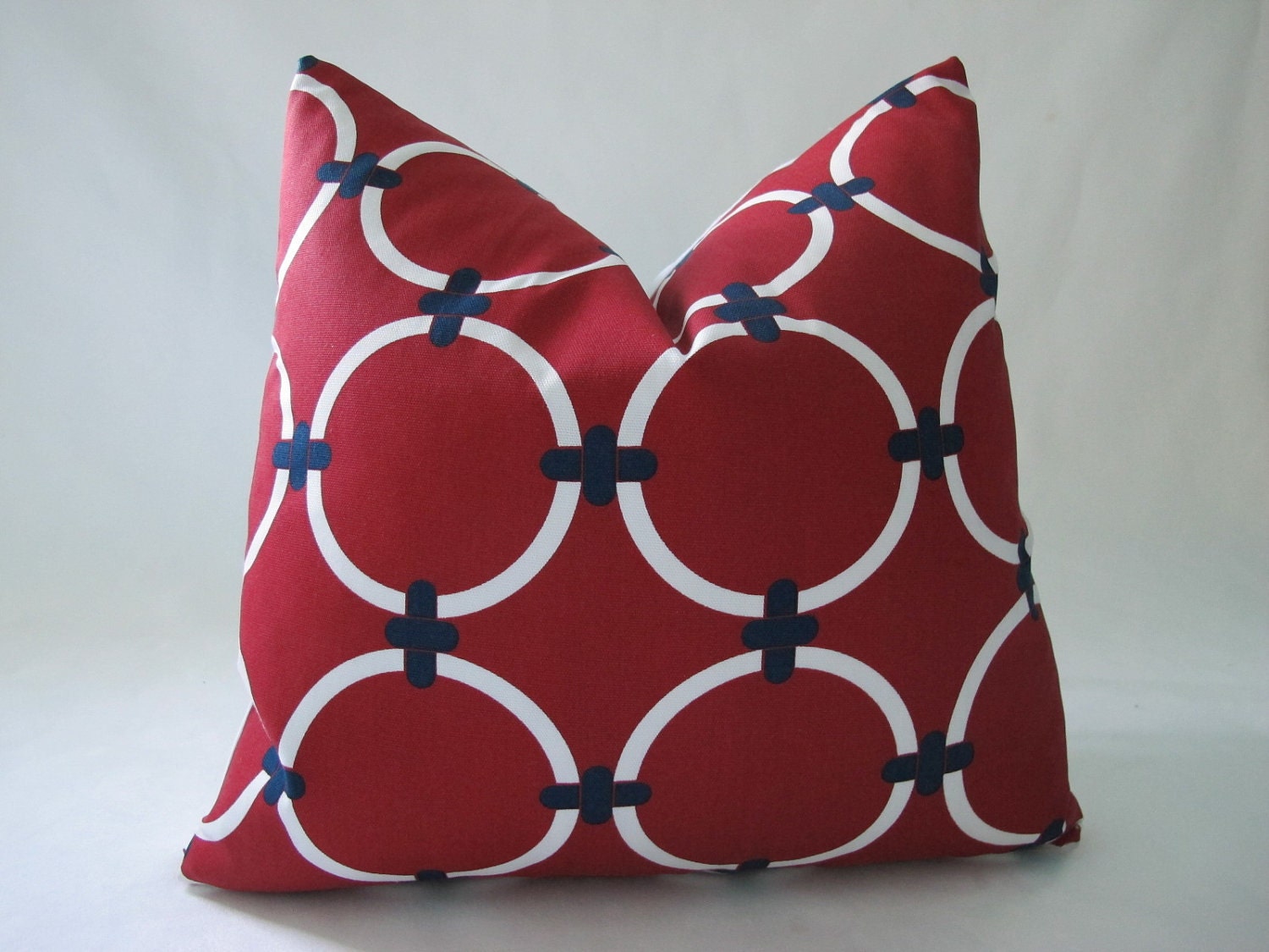 Free US Shipping--Decorative Designer Outdoor Pillow Cover-Chained Circles In Red And White-18 inch