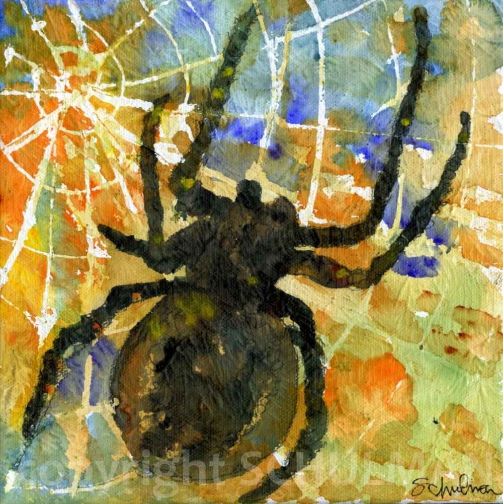 Spider Art, Modern Abstract Contemporary Watercolor Painting on Canvas, "Oh what a tangled Web We Weave" 8x8in