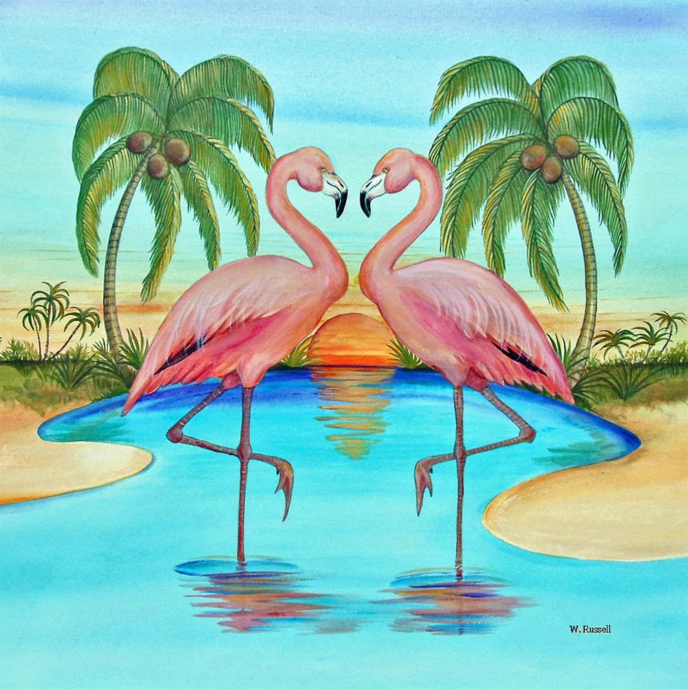 Original Painting Flamingo Hearts Afire