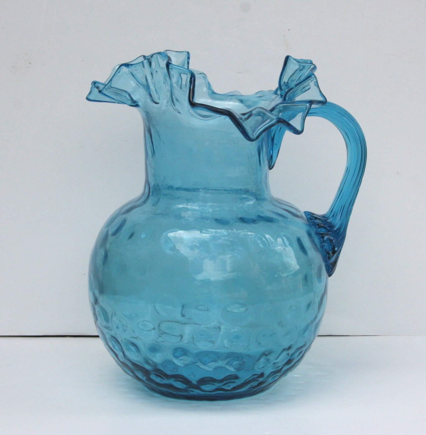 Vintage Blue Ruffled Rim Fenton Glass Pitcher