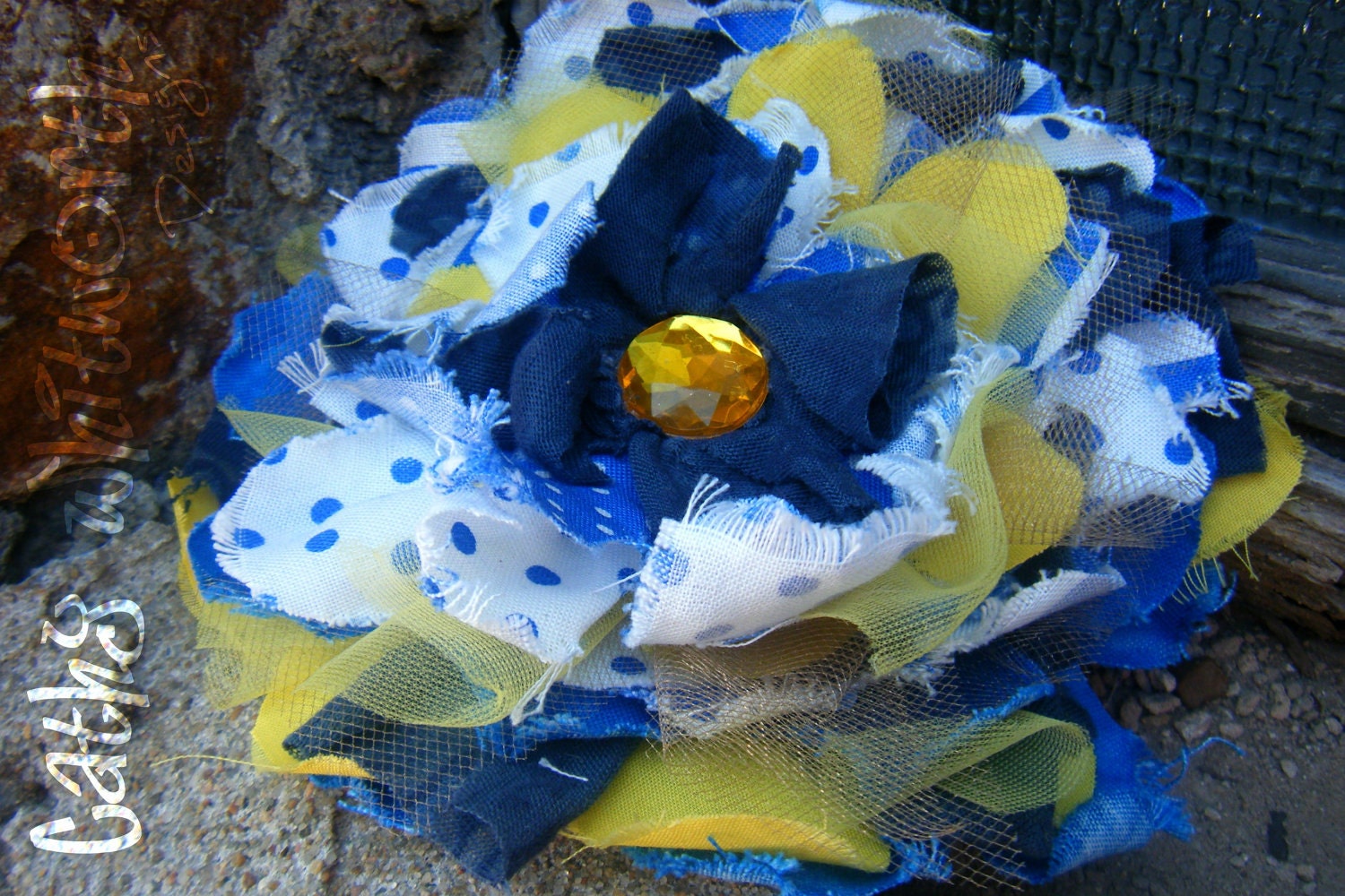 The Comet - blue and gold giant layered frayed fabric flower & rhinestone