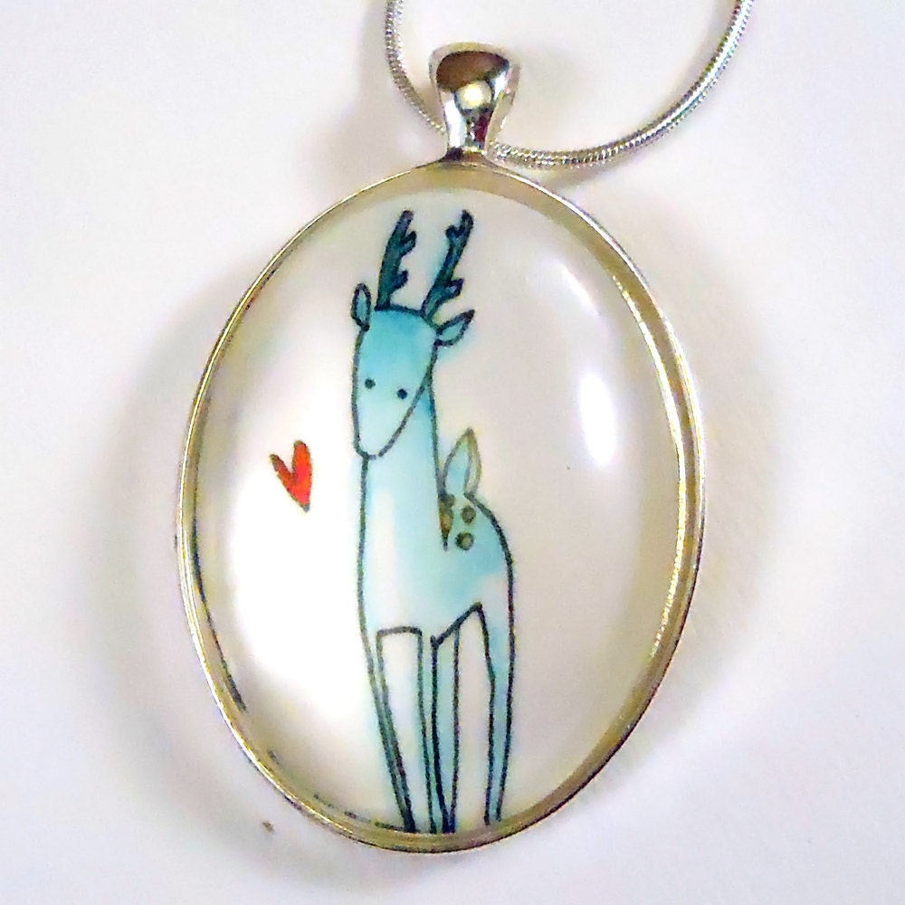 Deer Necklace - Christmas Jewelry - Art Pendant - Whimsical Art