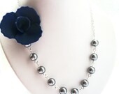 Navy Blue Rose Flower Charm Pearl Necklace - Bridesmaids Necklace - Brides Necklace - Bridal Necklace - Bridesmaids Gifts