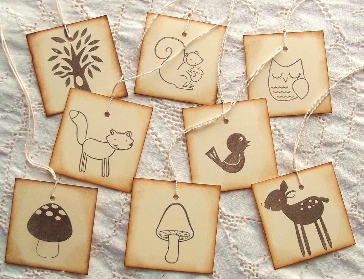 Happy WOODLAND ANIMALS Tags - Stamped - Retro Vintage Inspired - Natural, Variety