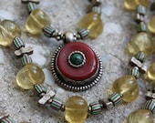 Yellow Fluorite Necklace with Tibetan Coral Silver Turquoise Pendant