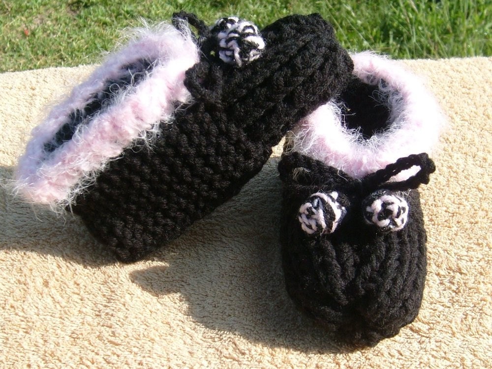 Ladies Pink and Black Hand-Knit Slippers