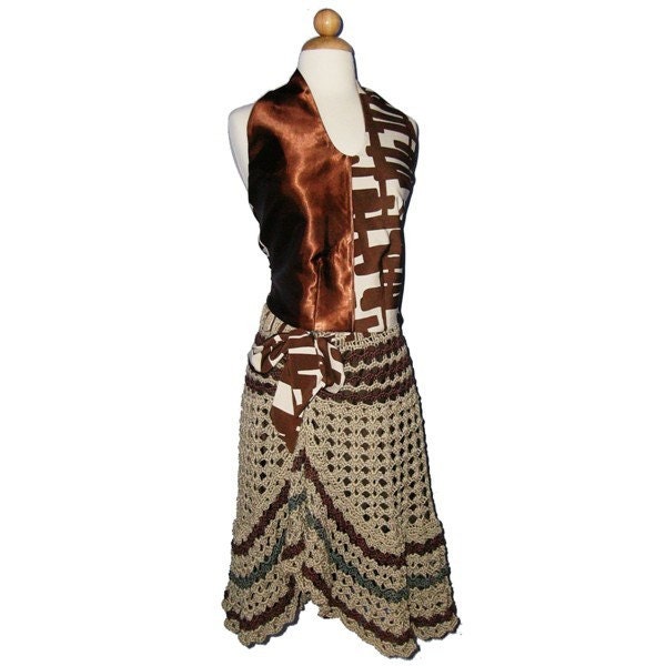 Sharonna - Hand Crocheted Skirt and Eclectic Handmade Houndstooth, Geometric, and satin Halter Top - Sizes XS to L