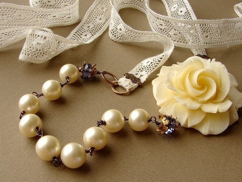 Cherish - Creamy Rose Necklace - vintage Lucite off white rose, glass pearls, purple, laces