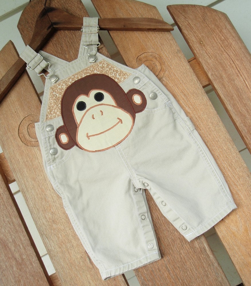 Monkey Applique Khaki Overall size 3 mo Ready to Ship Sale SewSoNancy Boutique