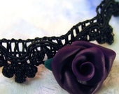 Dark Purple Rose on Black Lace Trim Choker
