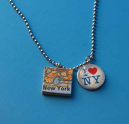 SALE--Start Spreading the News--Recycled map New York necklace with I love NY charm