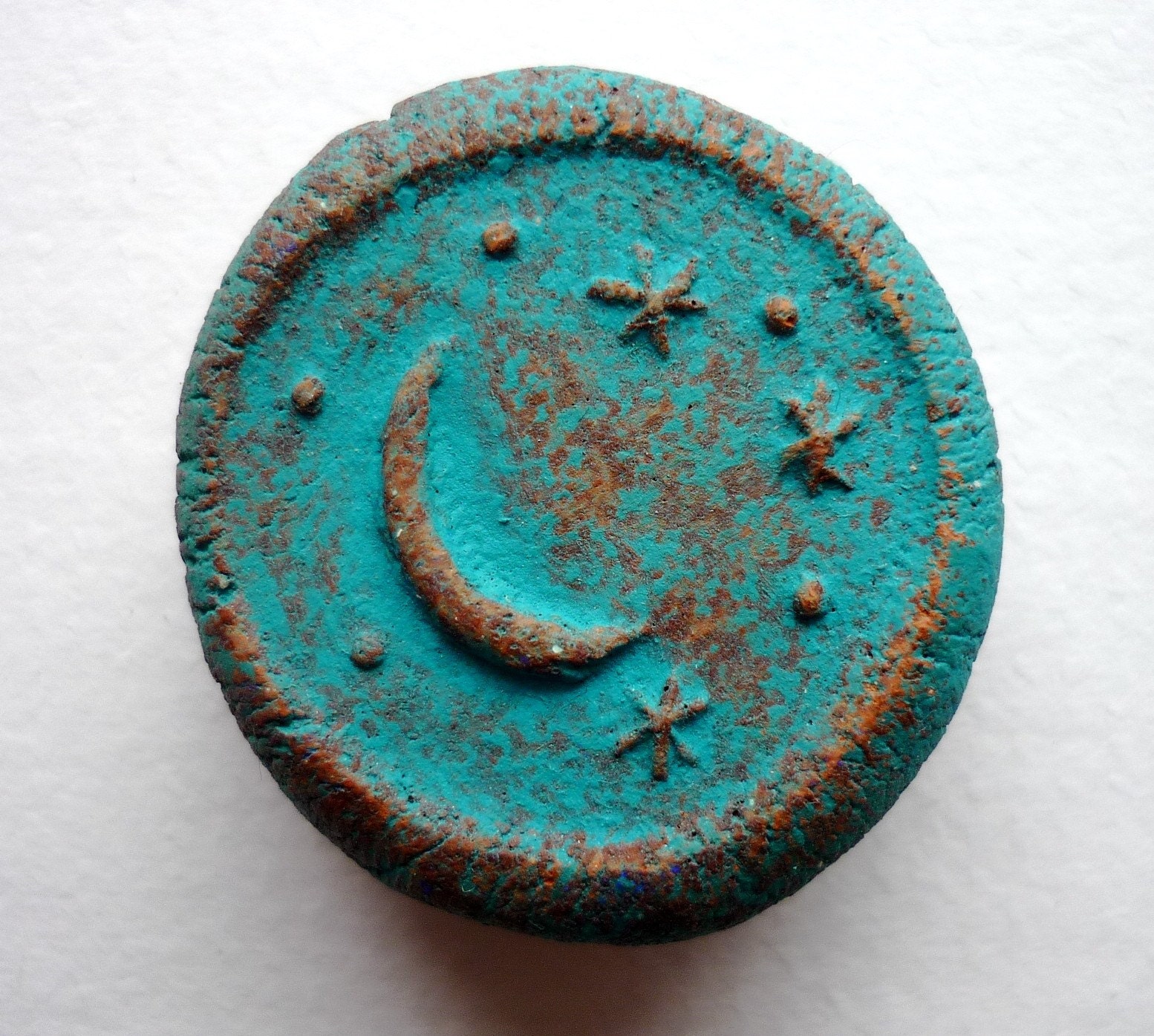 Handmade clay magnet - Turquoise Crescent Moon and Stars