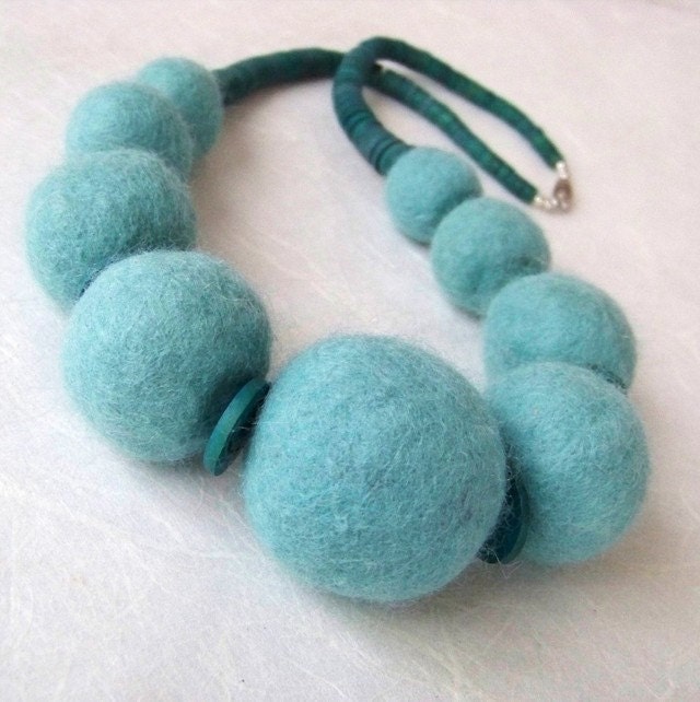 Necklace - Felt Bead and Wood in Seafoam Green