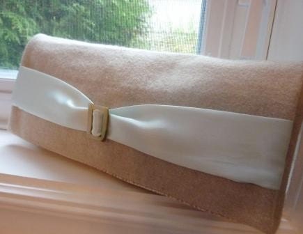 Oatmeal Wool and Pale Aqua Belt Clutch with Vintage Mother of Pearl Shell Buckle