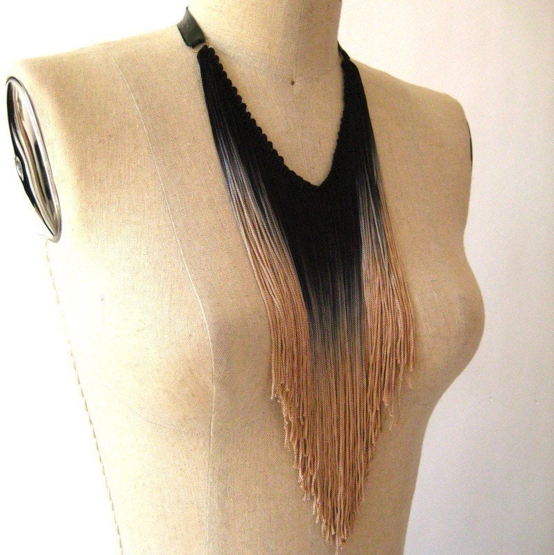 Hand Dip Dyed Black on Nude Fringe and Leather Chain Necklace