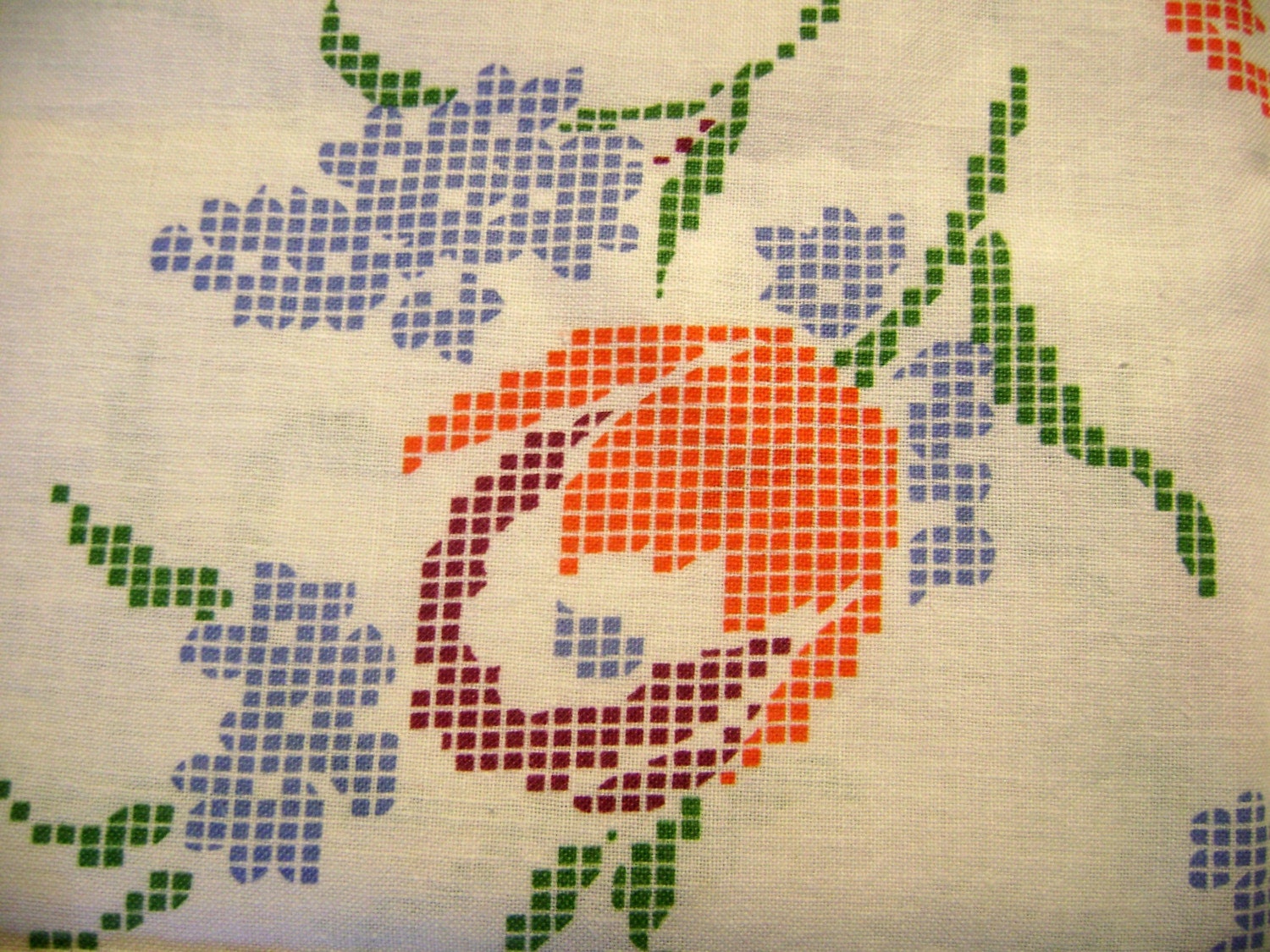 Vintage Feed Sack with Orange, Blue and Green Cross Stitch Design