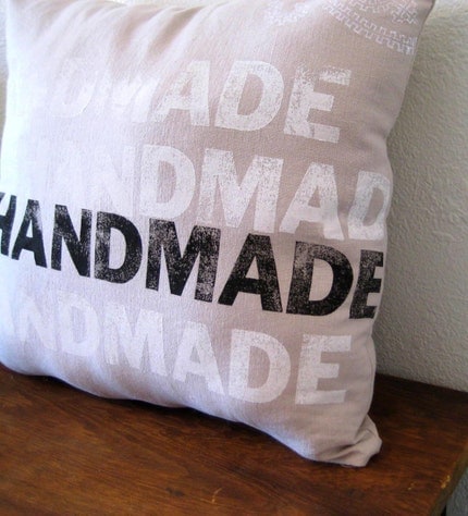 My Handmade Pillow - Large Black White and Tan hand printed Hemp and Cotton Pillow