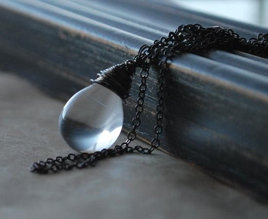 Harbinger Necklace-- Transparent Glass Teardrop Wire Wrapped in Oxidized Sterling Silver Wire and Chain