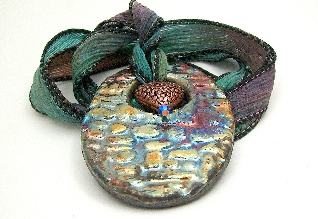 Raku Rainbow Oval Pendant with Copper Heart and Swarovski Crystal on Hand Dyed Silk Ribbon Raku Ceramic Jewelry by MAKUstudio