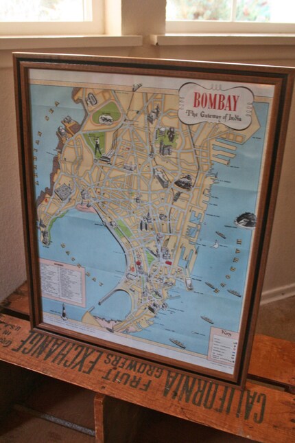 vintage 1958 Bombay travel map framed