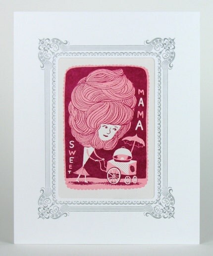 PINK SWEET MAMA COTTON CANDY CARNIVAL TREAT PRINT IN WHITE VIGNETTE MAT - HAND-PRINTED LETTERPRESS