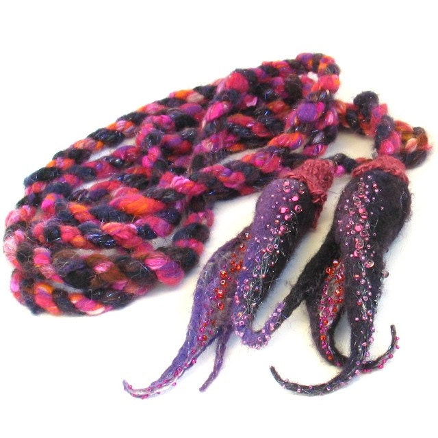 Handspun Beaded Felted Crochet Textile Lariat Necklaces Scarf Scarflette IX Purple Pod Fuzzies