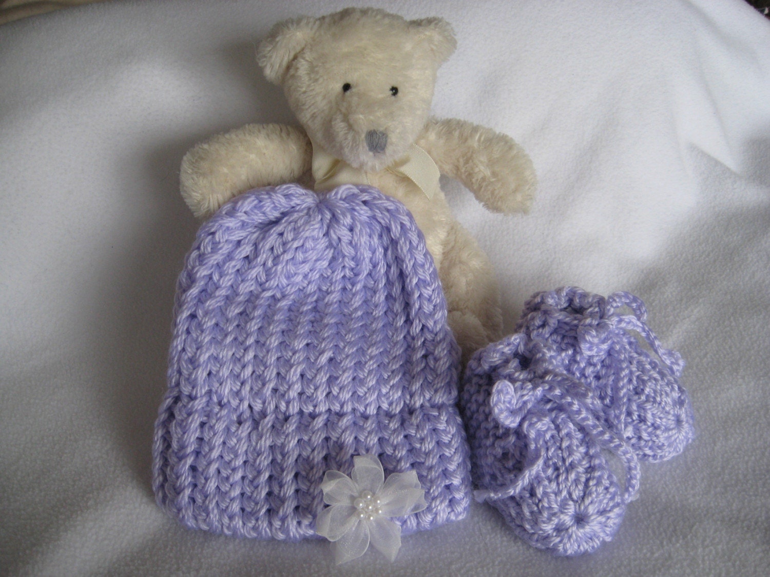 Baby Gift Set - Knitted Lavendar Booties and Cuffed Hat with Flower Ribbon