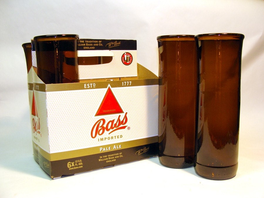 SIx Pack of Recycled Bass Beer Bottle Drinking Glasses / Eco Friendly