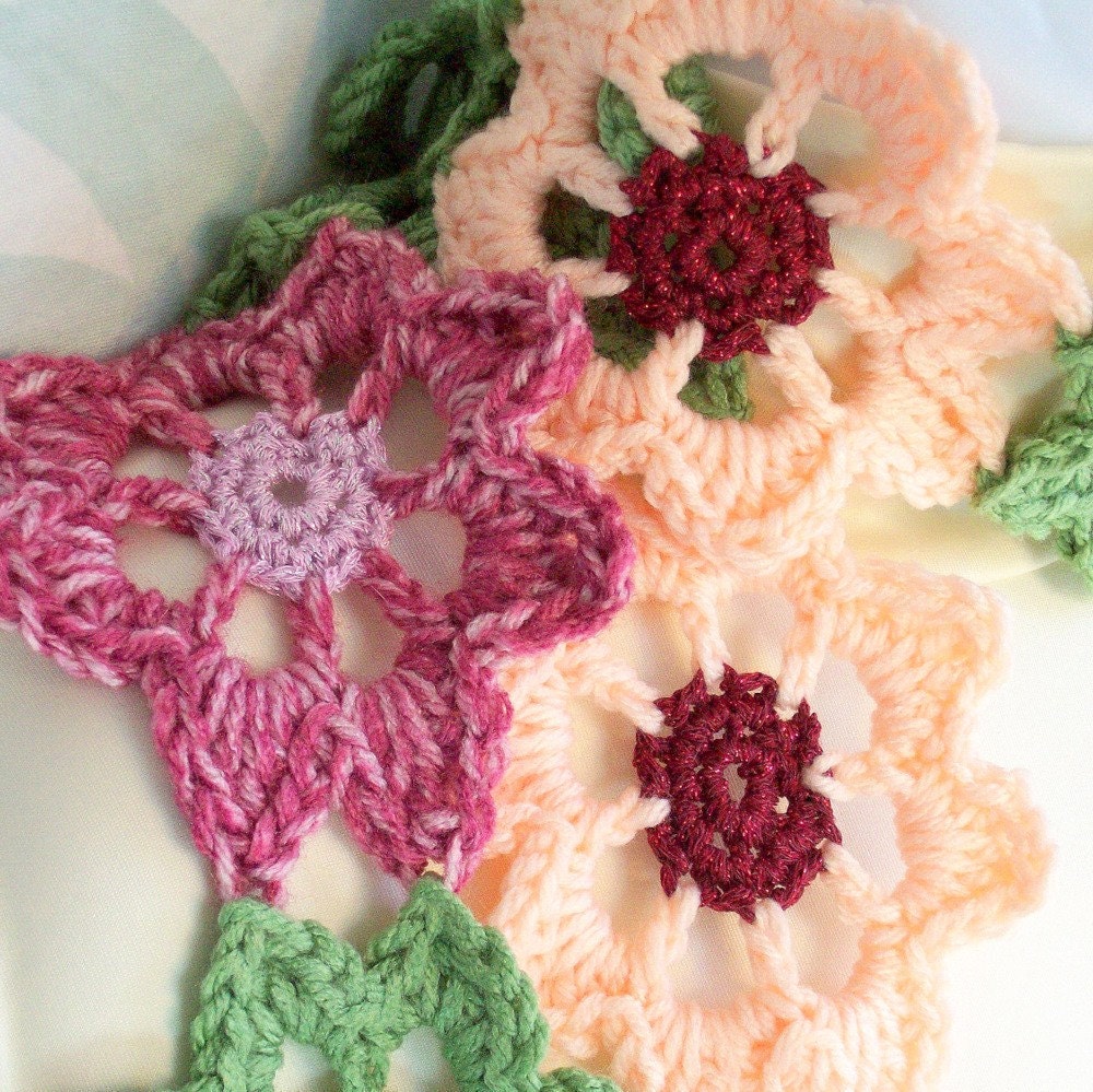 Roses Flower Scarf, crocheted, 64 inches long