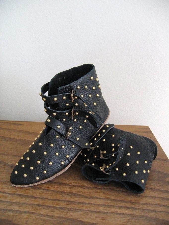 WoodPunk - Avant Garde Handmade Gold Studded All Over 3 Buckle Leather Ankle Boots in Black