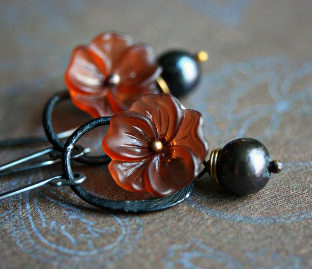 Vintage Lucite Flowers, on Fine Silver - Blackwood Blossom Earrings
