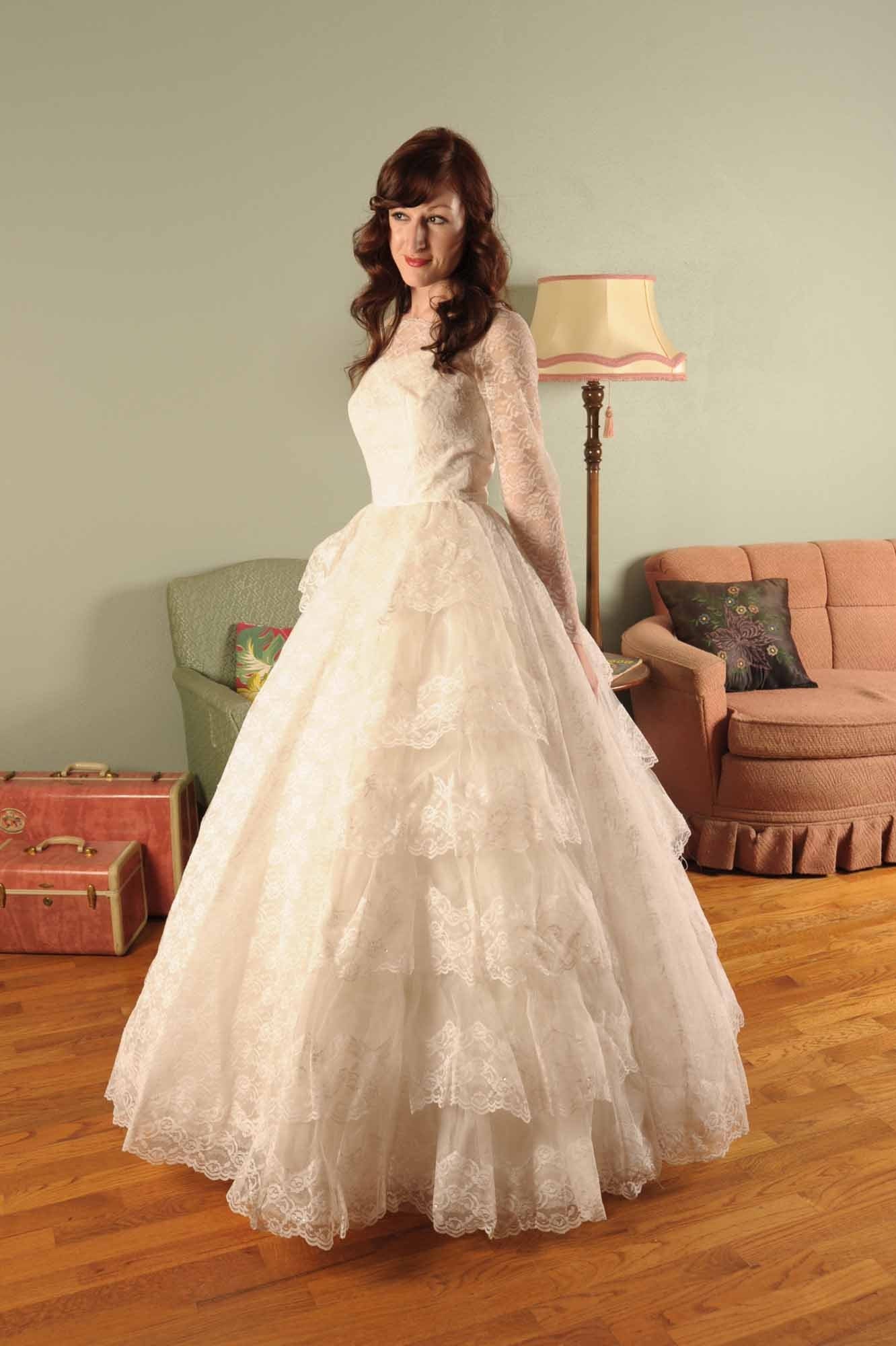 A 1950s Tulle and Lace White Wedding Dress with Four Decadent Tiered Layers