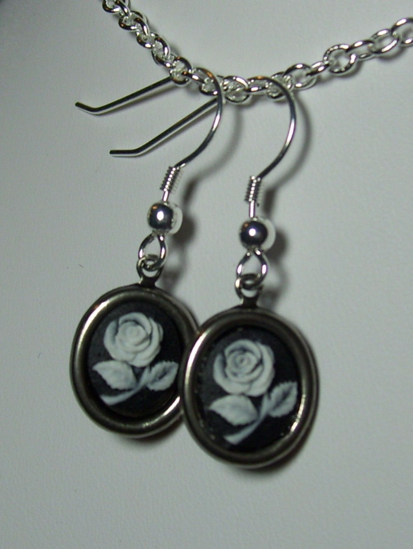Simply Delicate Tiny Rose Cameo Flower Neo Victorian Steampunk Earrings Silver Black White