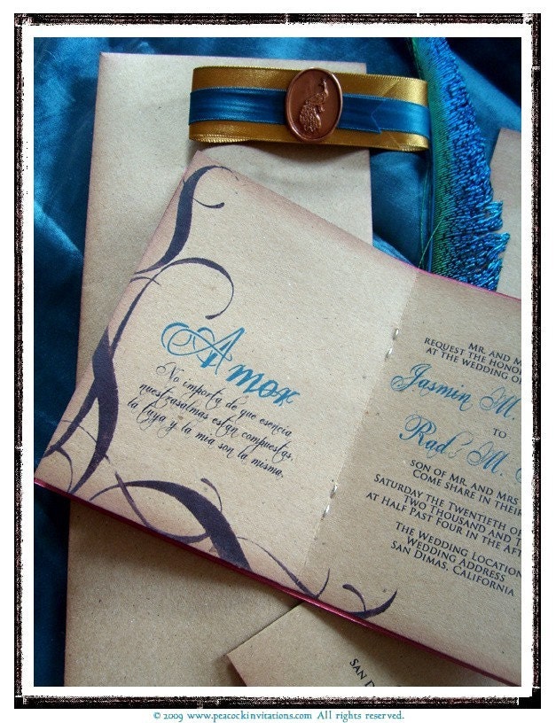 GENEVIEVE Coral Red Vintage Gold and Peacock Blue Travel Themed Passport Wedding Invitations