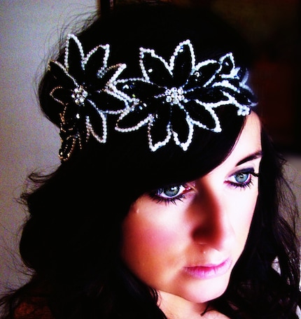 Stunning Black and White Couture Rhinestone Sequin Headband
